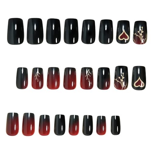 Short Square Press on Nails Wine Red Gradient Fake Nails Black False Nail Q9