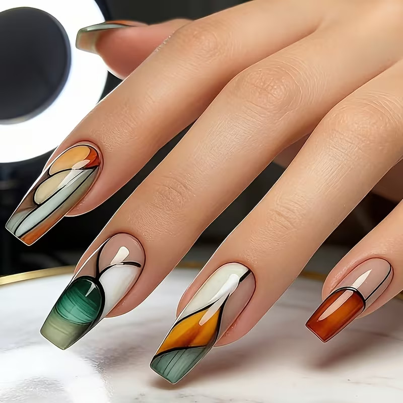24 Colorful Press On Nails, Geometric Pattern, Glossy, Long, Ballet style