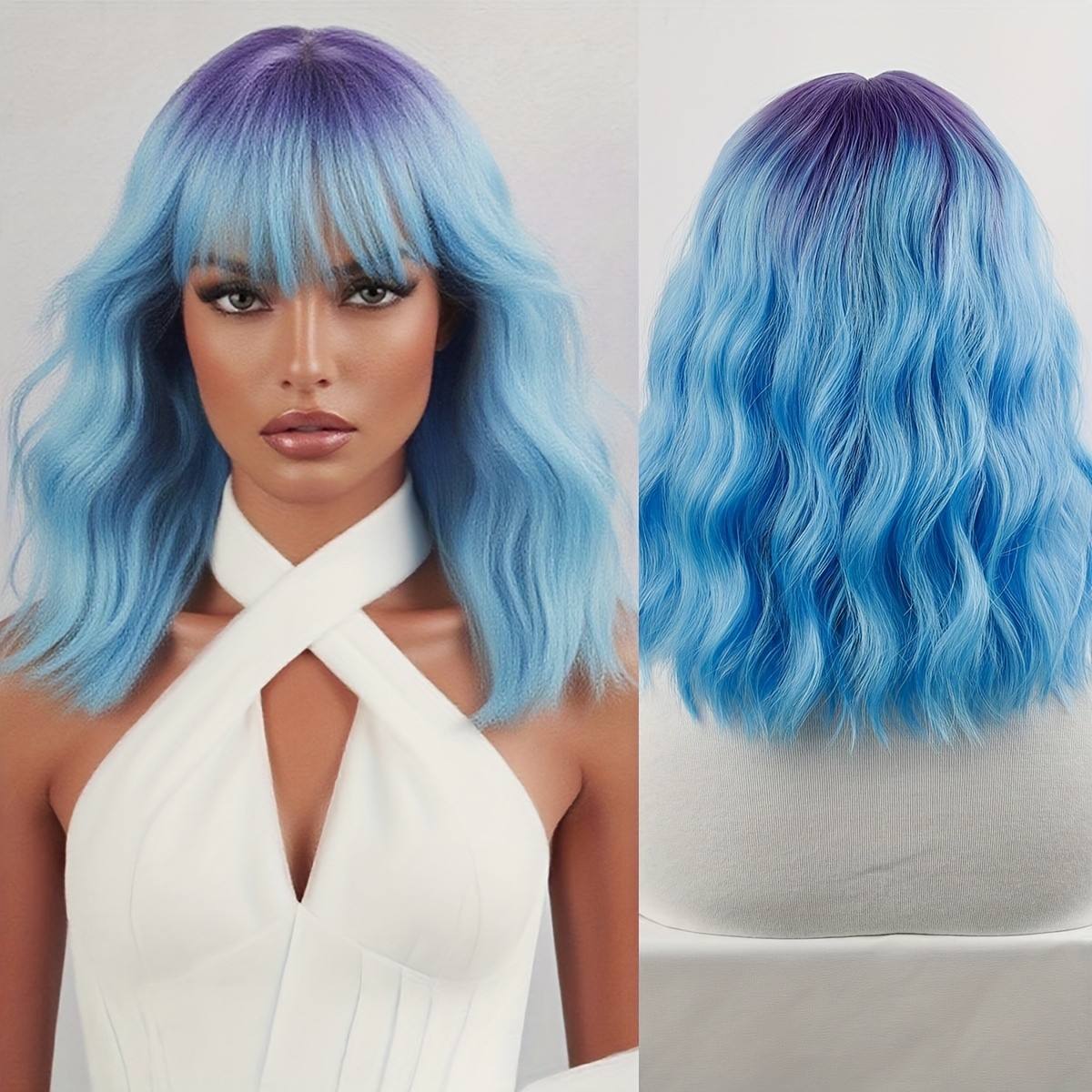 Blue-purple Gradient Bob Wig Short Wavy Bob Wig Heat-resistant for Party Cosplay