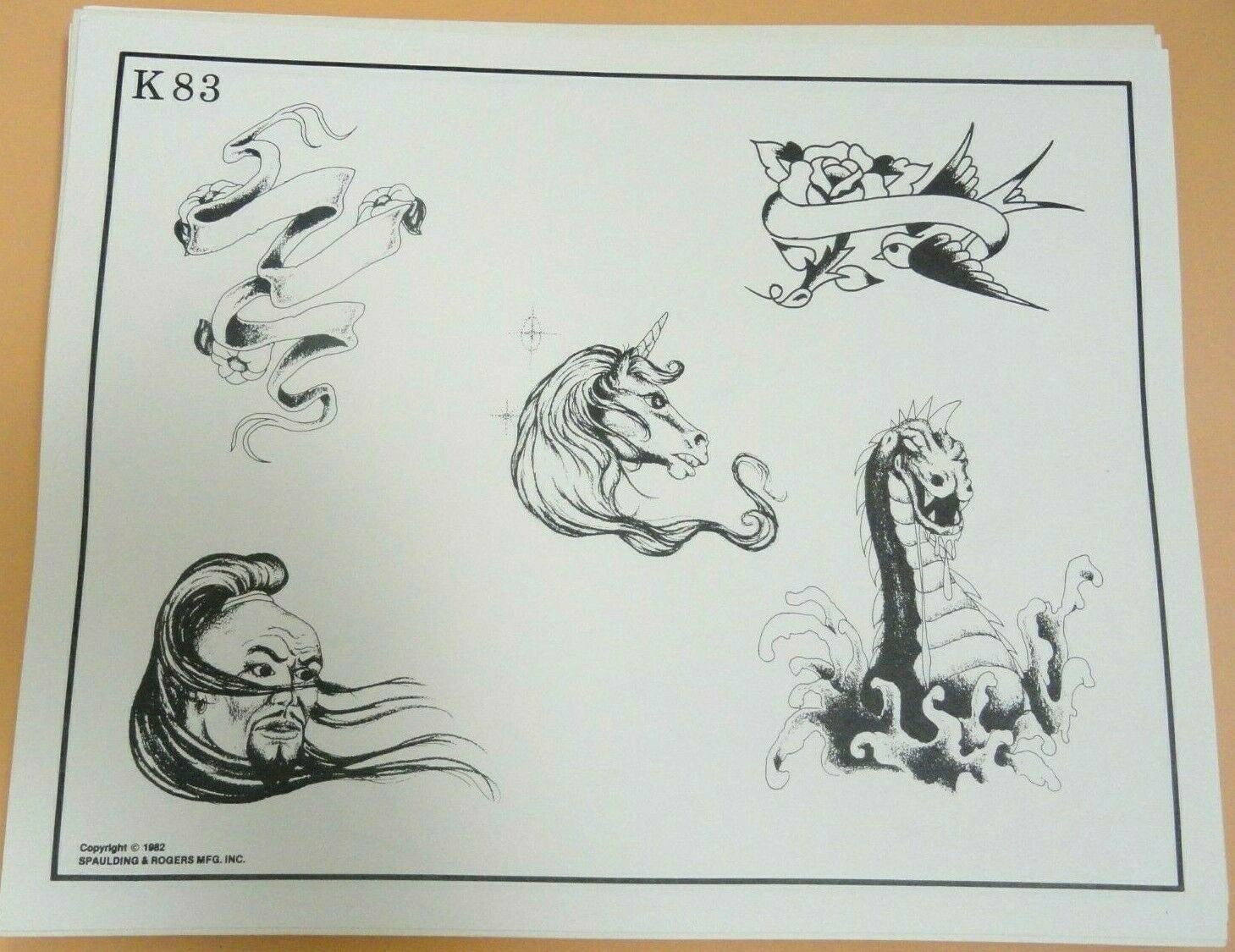Vintage 1982 RARE Spaulding & Rogers Tattoo Flash Sheet K83 Unicorn Mongol Rose