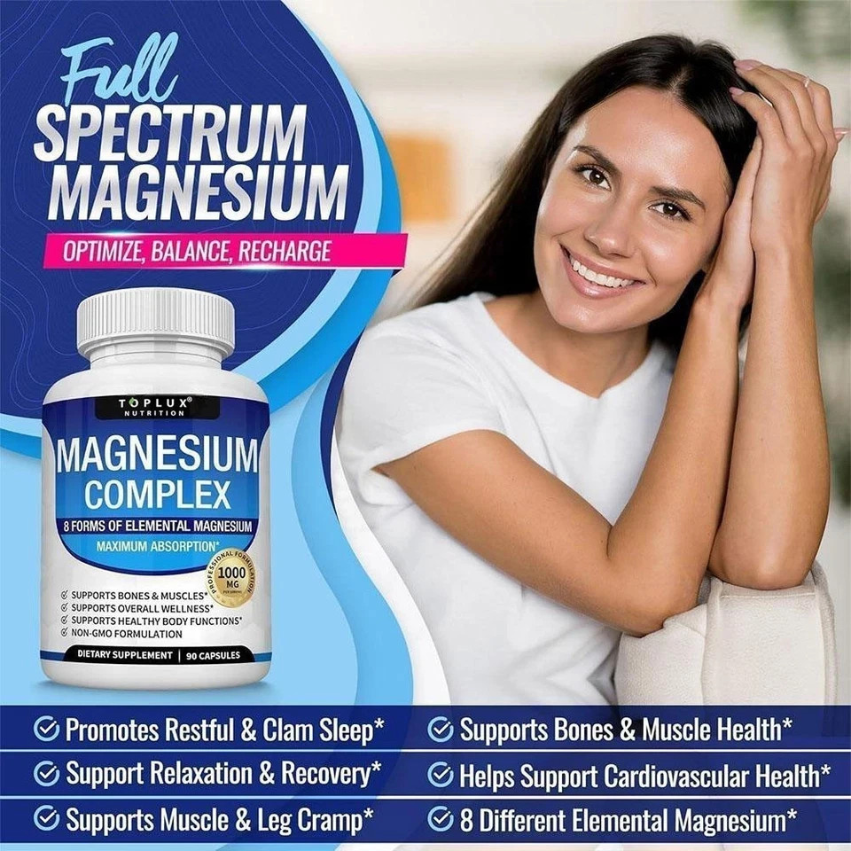 1-3 Pack Toplux Magnesium Complex 1000mg Supports 8 Elemental Magnesium