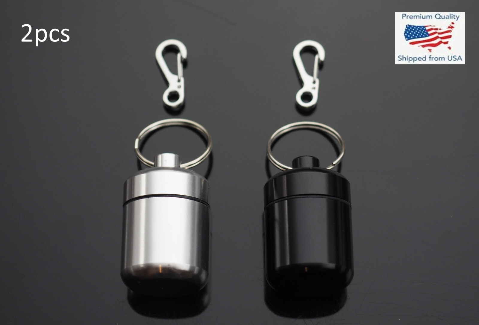 2 PCS Waterproof 1″ Wide Pill Capsule Bottle Keychain & Clip – Silver & Black