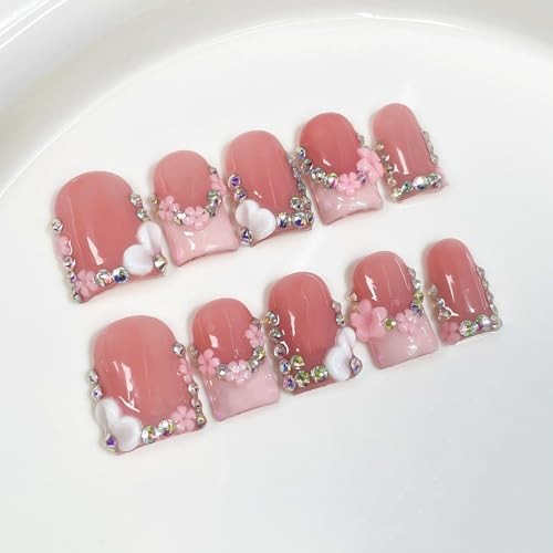 Handmade Press on Nails Square Short Fake Nails Pink French Tip Pink RJDFF1-3