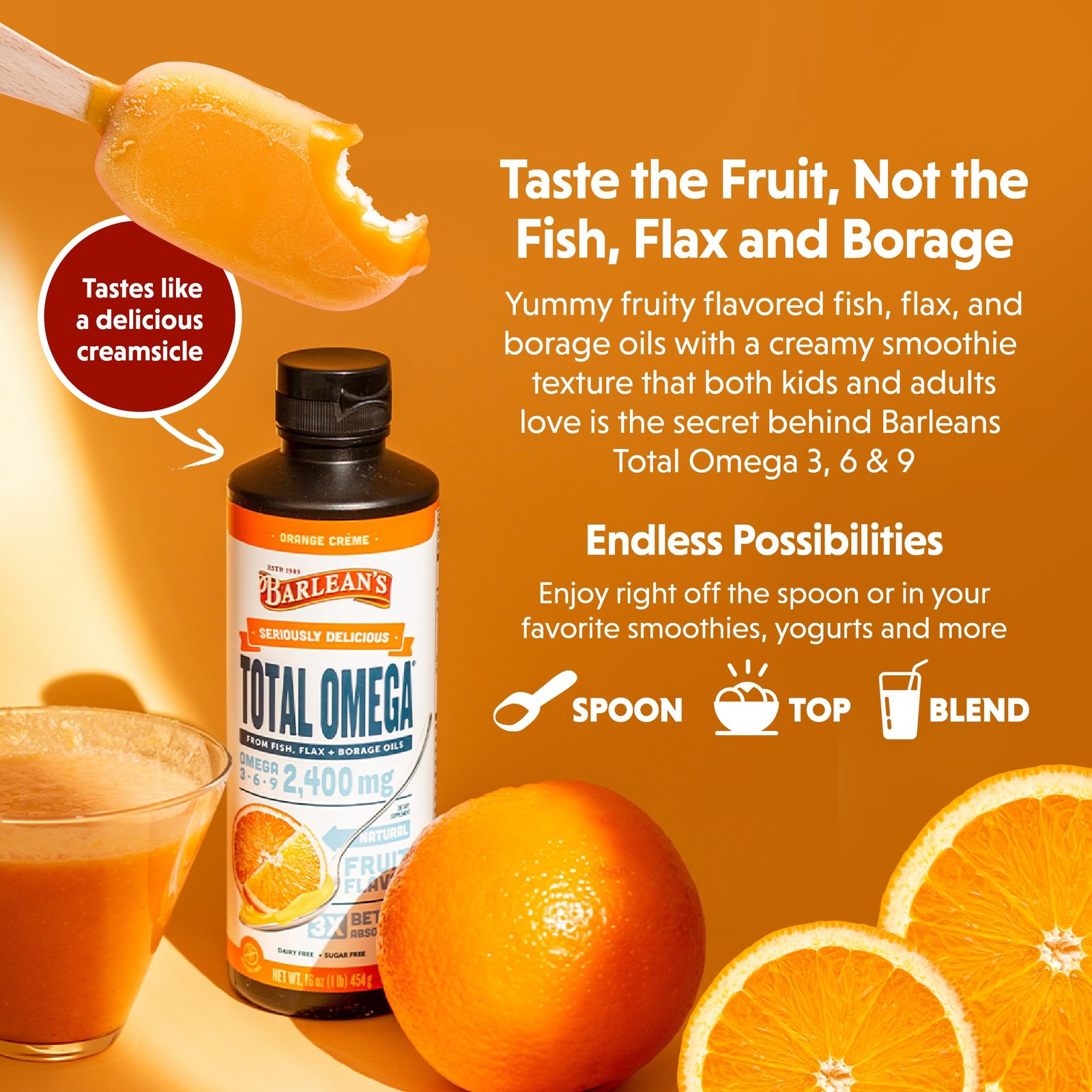 Barlean’s Total Omega 3 6 9 Orange Crème Liquid 8 Ounce (Pack of 1), Default