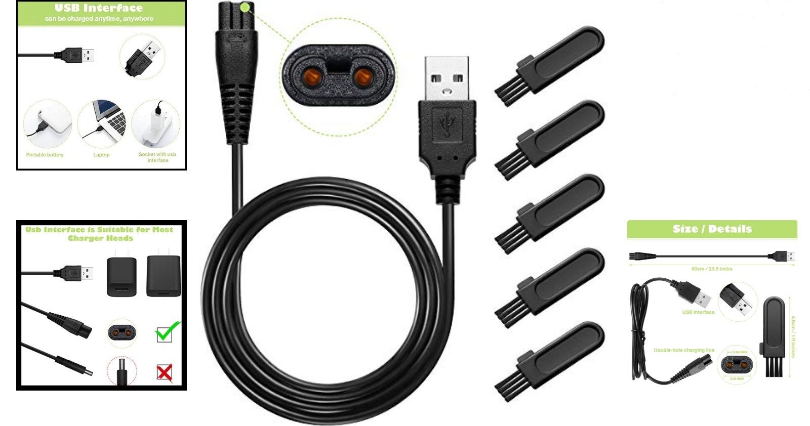 Fast Charging USB Shaver Replacement Cord and Brush Set Compatible with Norelco