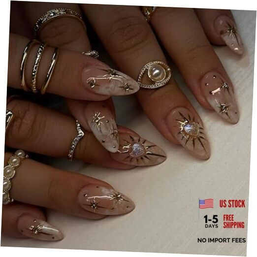 3D Boho Stars Gold Press On Nails Almond Medium 30 Pieces (Pack of 1) Q-1029