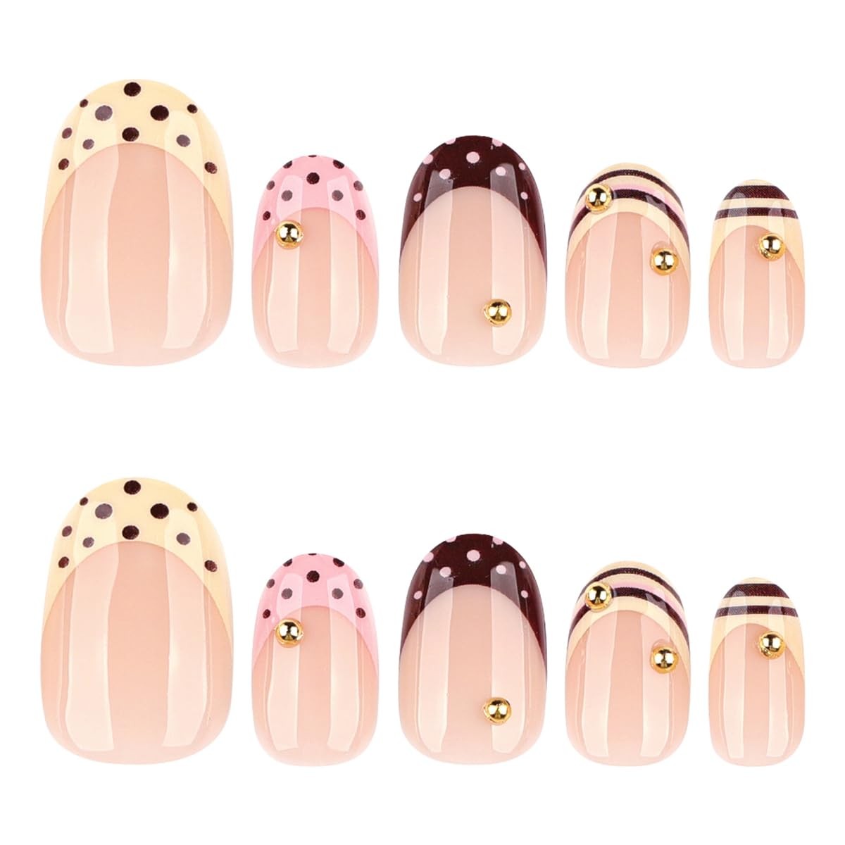 SYPAFG Short Oval French Tip Press on Nails – Polka Dot, Stripe and Gold Bead…