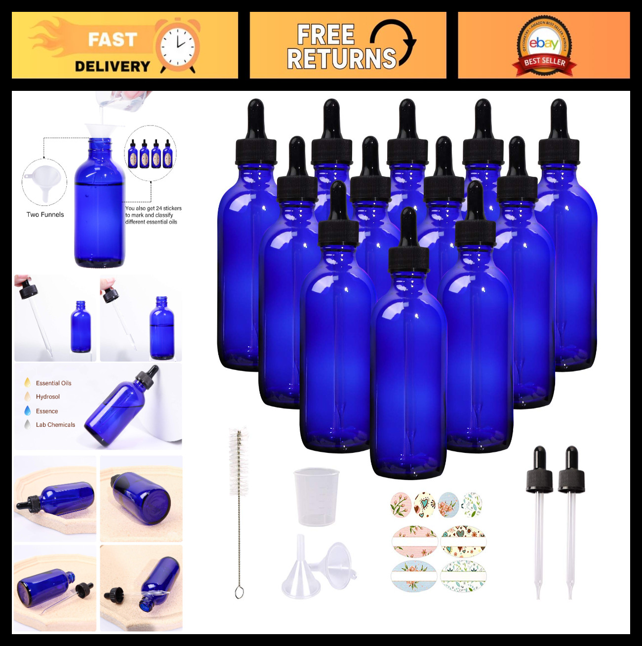 12 Pack Cobalt Blue Glass Bottles 4oz with Droppers for Oils, Perfumes & Lab Use
