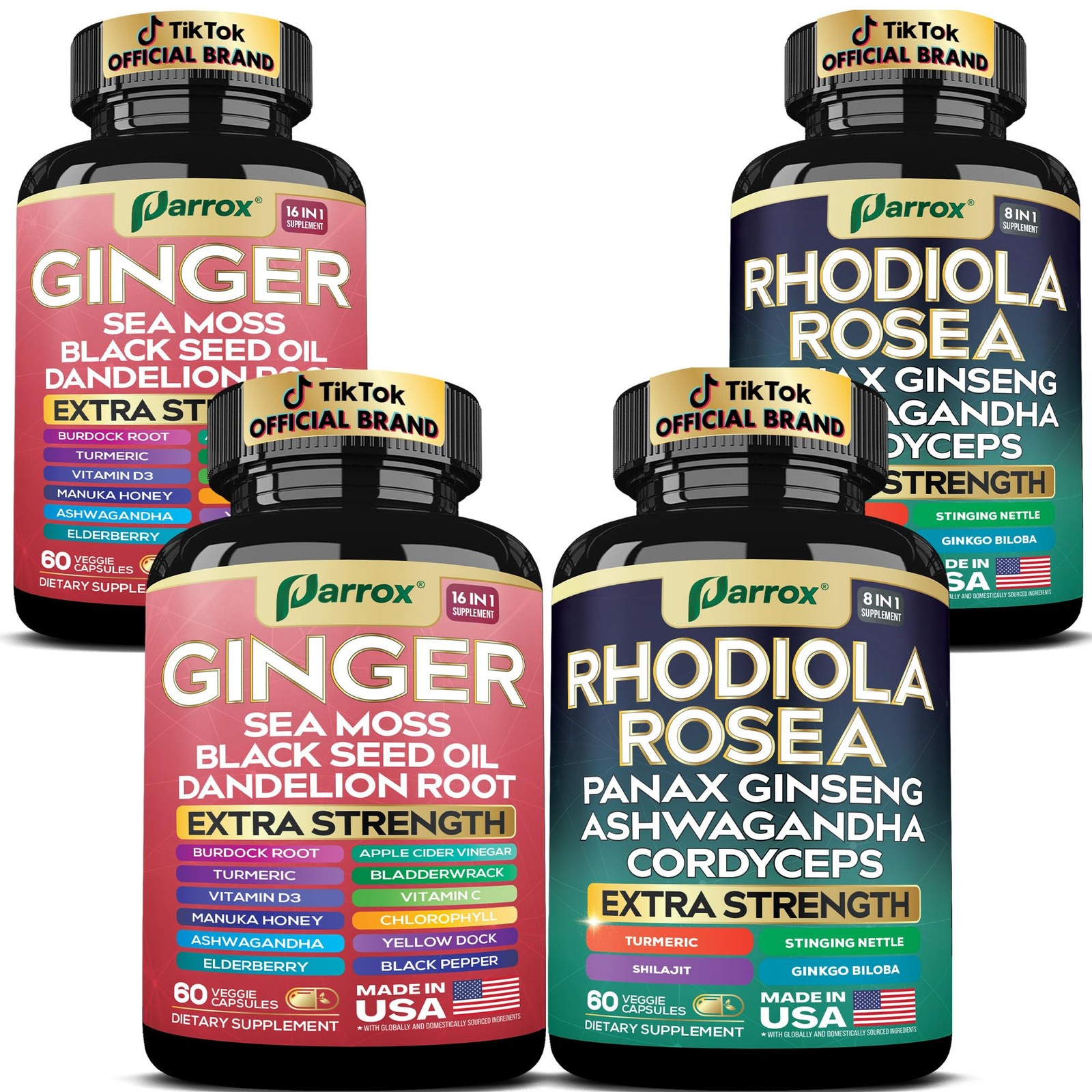 Parrox Dynamic Duo Herbal Bundle Ginger Rhodiola Rosea Sea Moss Ashwagandha