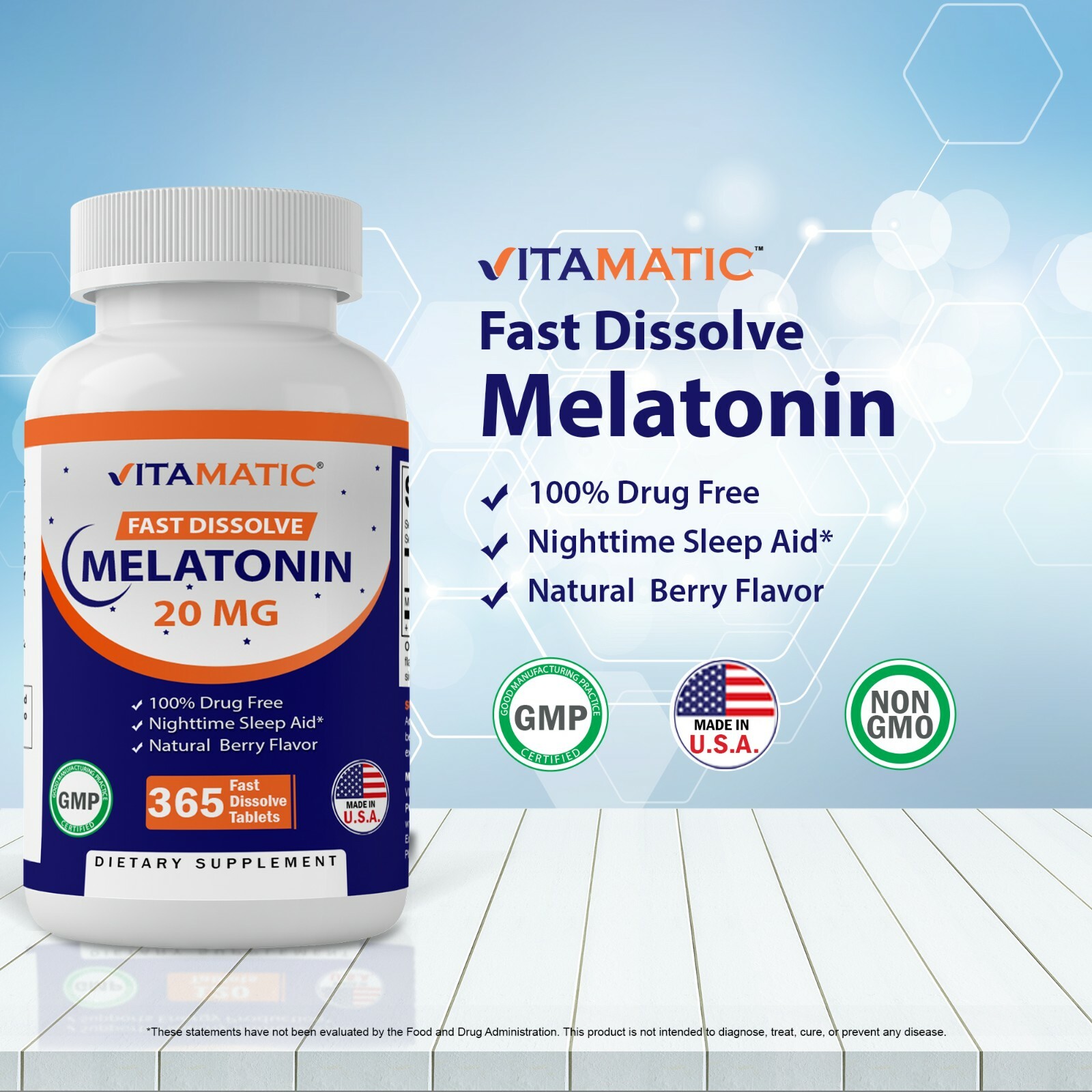 Vitamatic Melatonin 20mg – 1 Year Supply | Natural Berry Flavor – 365 Tablets