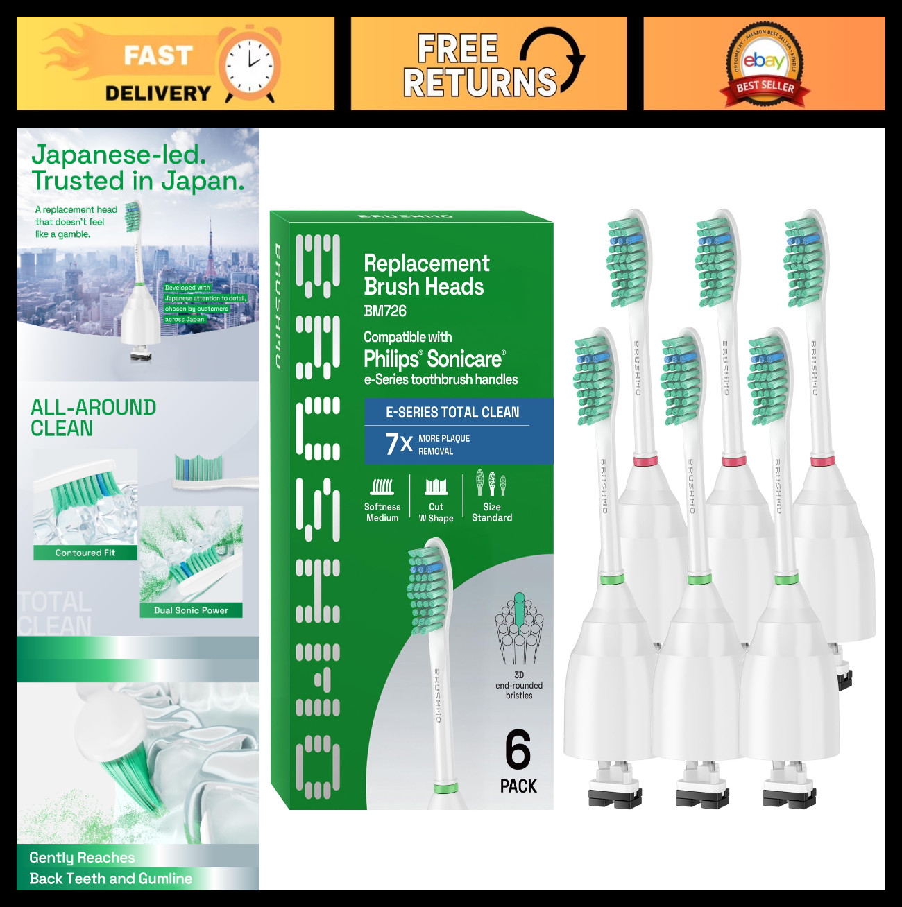 6 Replacement Toothbrush Heads for Philips Sonicare – Medium Firm Dupont Bristle