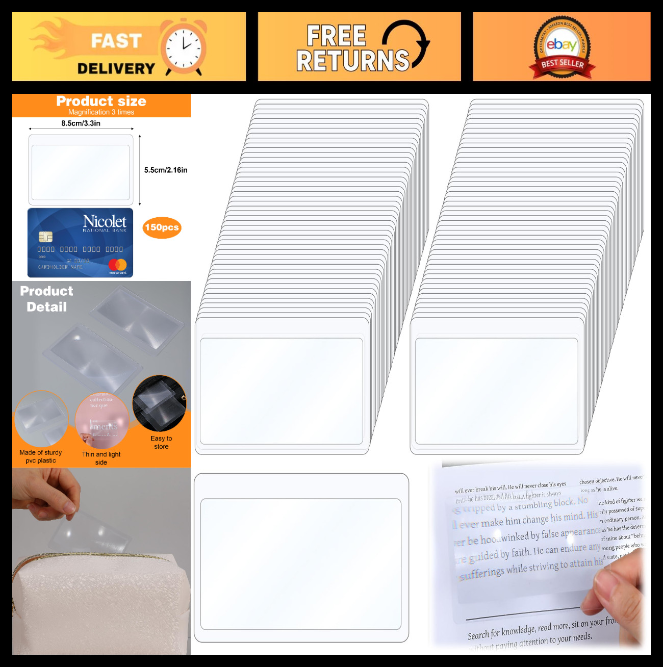 150 PCS 3X Thin Fresnel Lens 3.3″×2.2″ Portable Pocket Magnifier for Reading & F