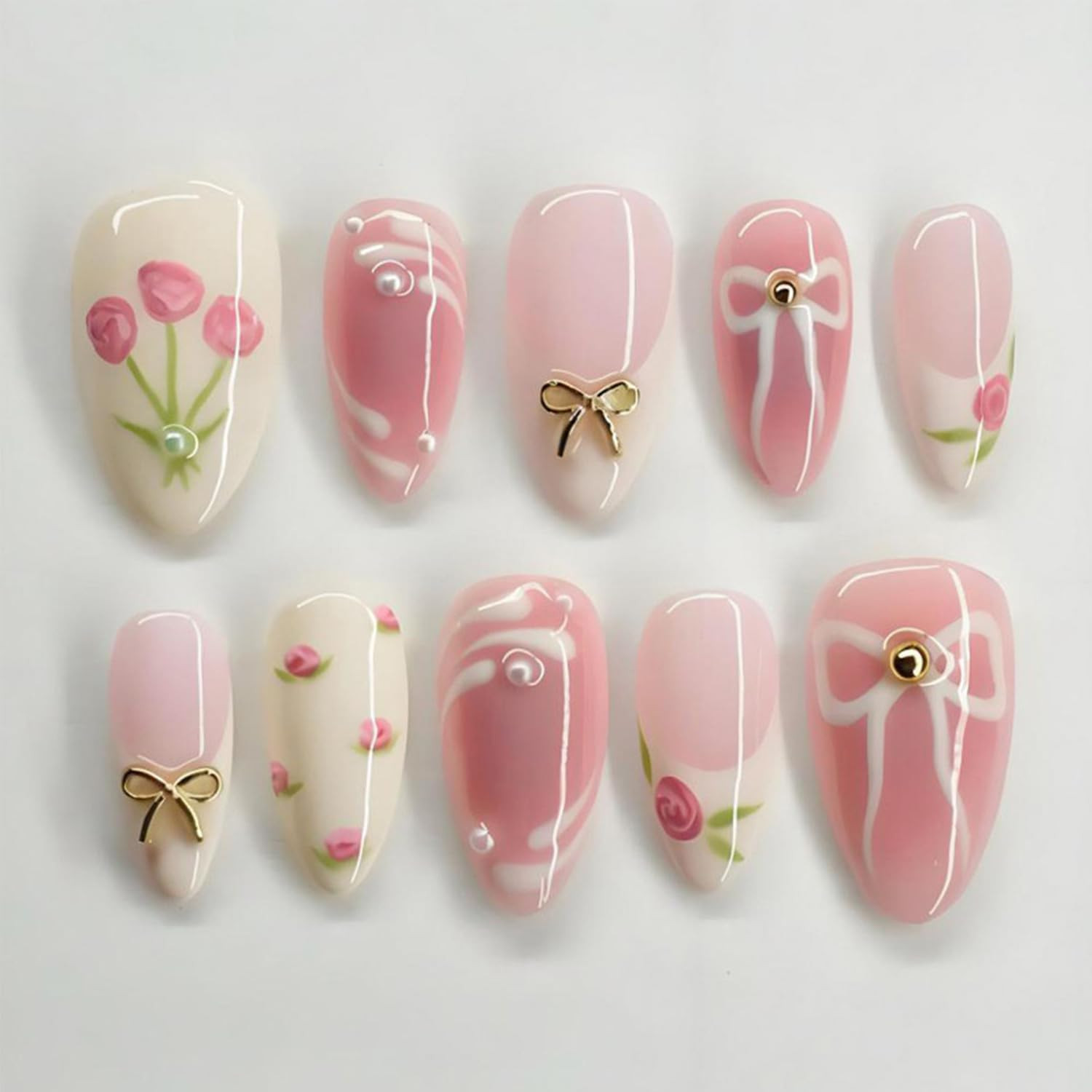 24Pcs Medium Almond Press on Nails Pink Valentines Fake Nails 3D Metal Bow Acryl