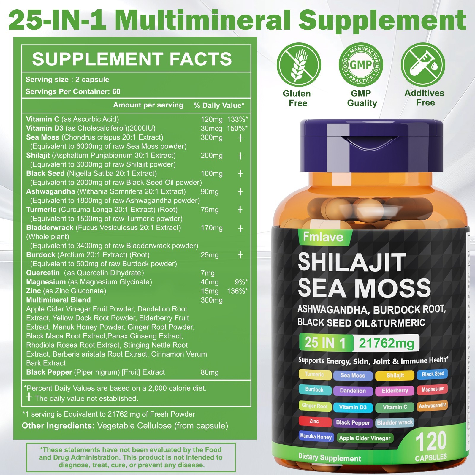 2 Pack 25 in 1 Sea Moss, Black Seed Oil, Ashwagandha, Turmeric, Ginger, 240 Caps