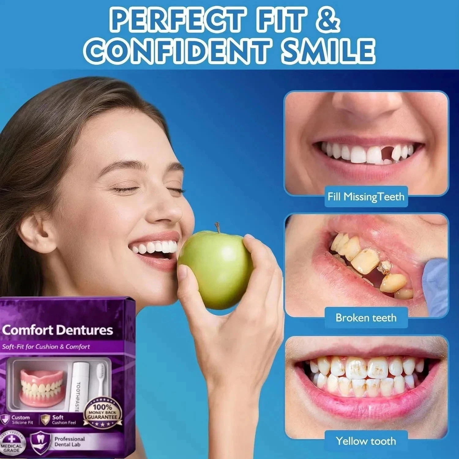 Moldable Silicone Dentures Upper Lower False Teeth Set Instant Smile Toothbrush