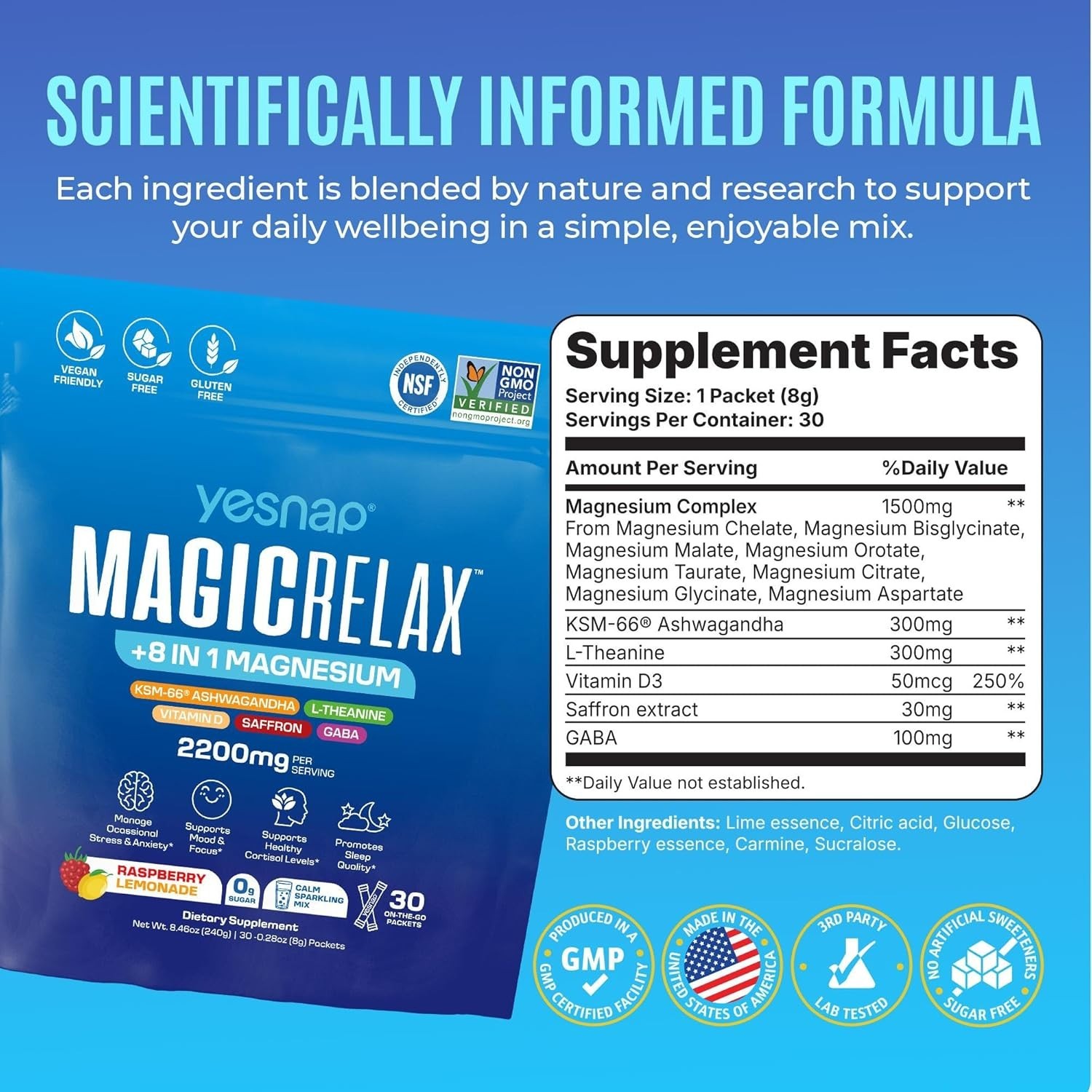 MAGICRELAX Calming Sparking Mix 8-in-1 Magnesium KSM-66 Ashwagandha Saffron V…