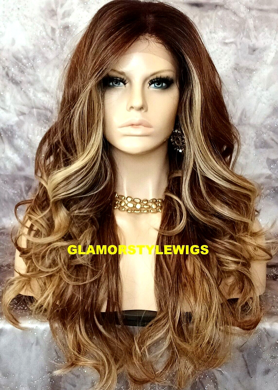 FREE PART LACE FRONT FULL WIG LONG WAVY LAYERED OMBRE BROWN GOLDEN BLONDE MIX NW