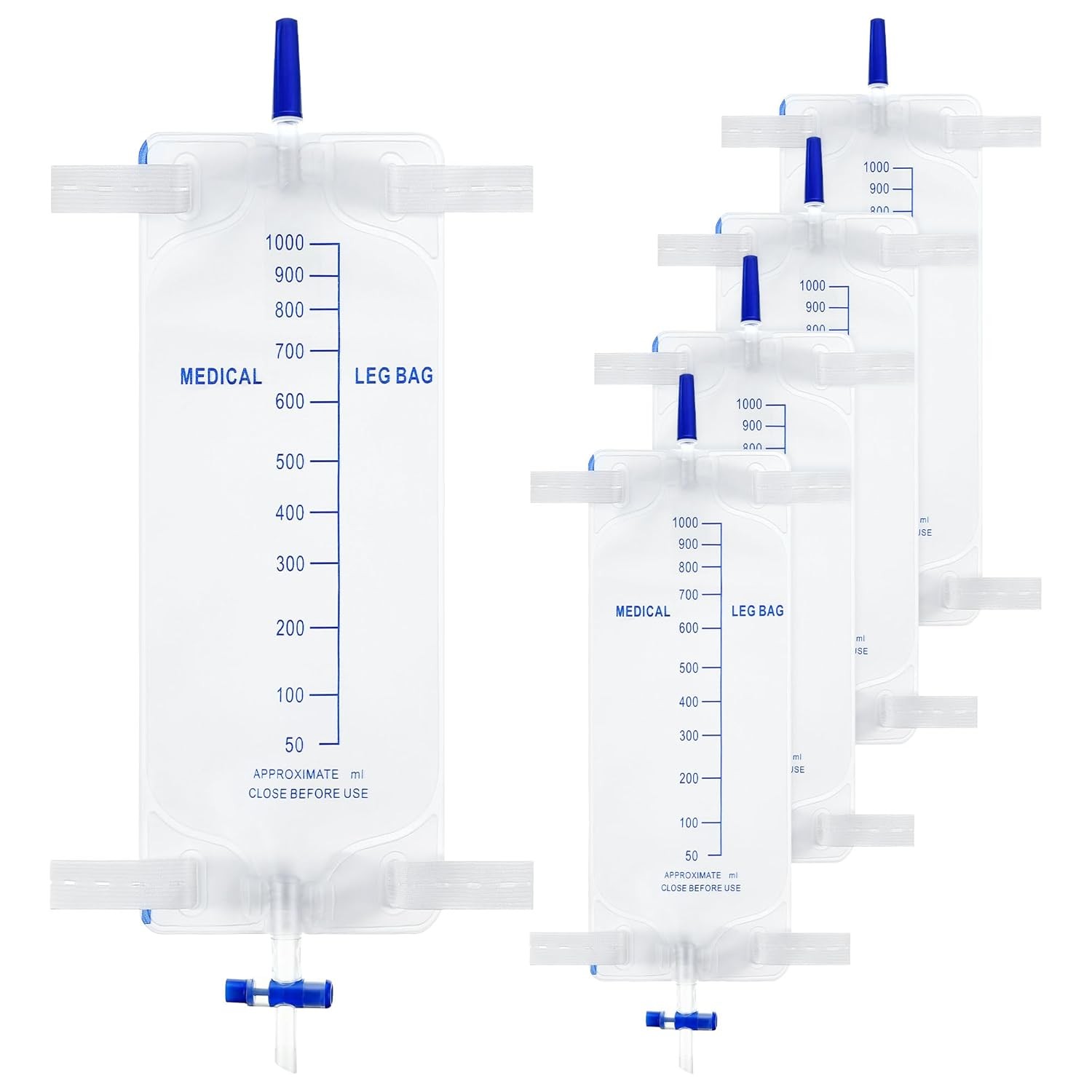 5 Pack 33.8oz/1000ml Leg Bag Urinary Drainage Bag with Cloth Straps, Leg Cathete