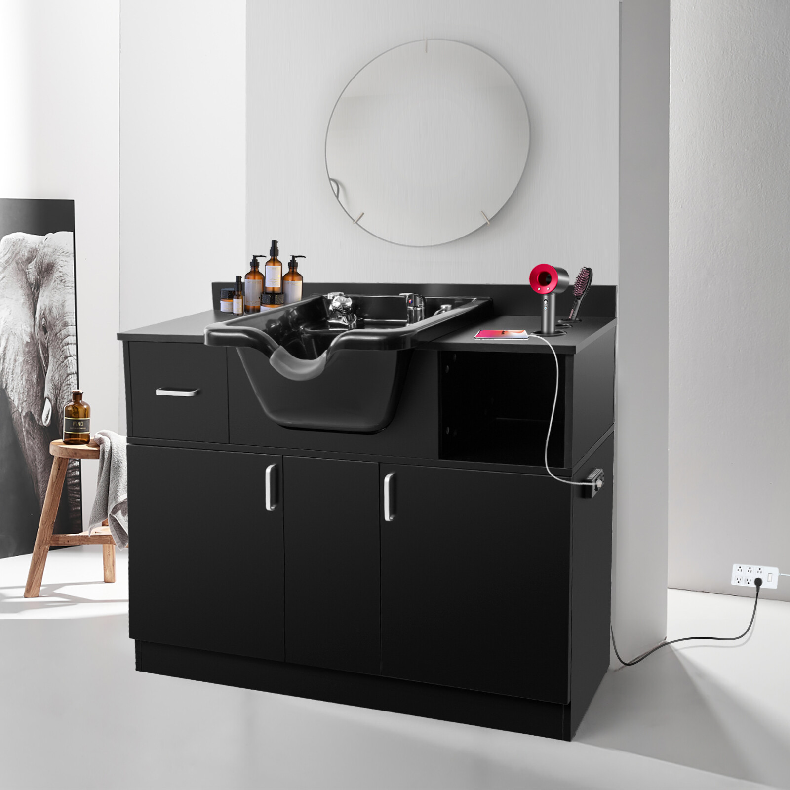 Pro Salon Backwash Sink Bowl Shampoo Station with Drawer,USB,P Trap Outlets