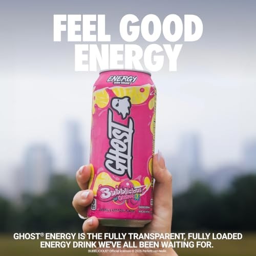 GHOST Energy Drink Zero Sugar 12 Pack – Bubblicious Original, 200mg of Natural C
