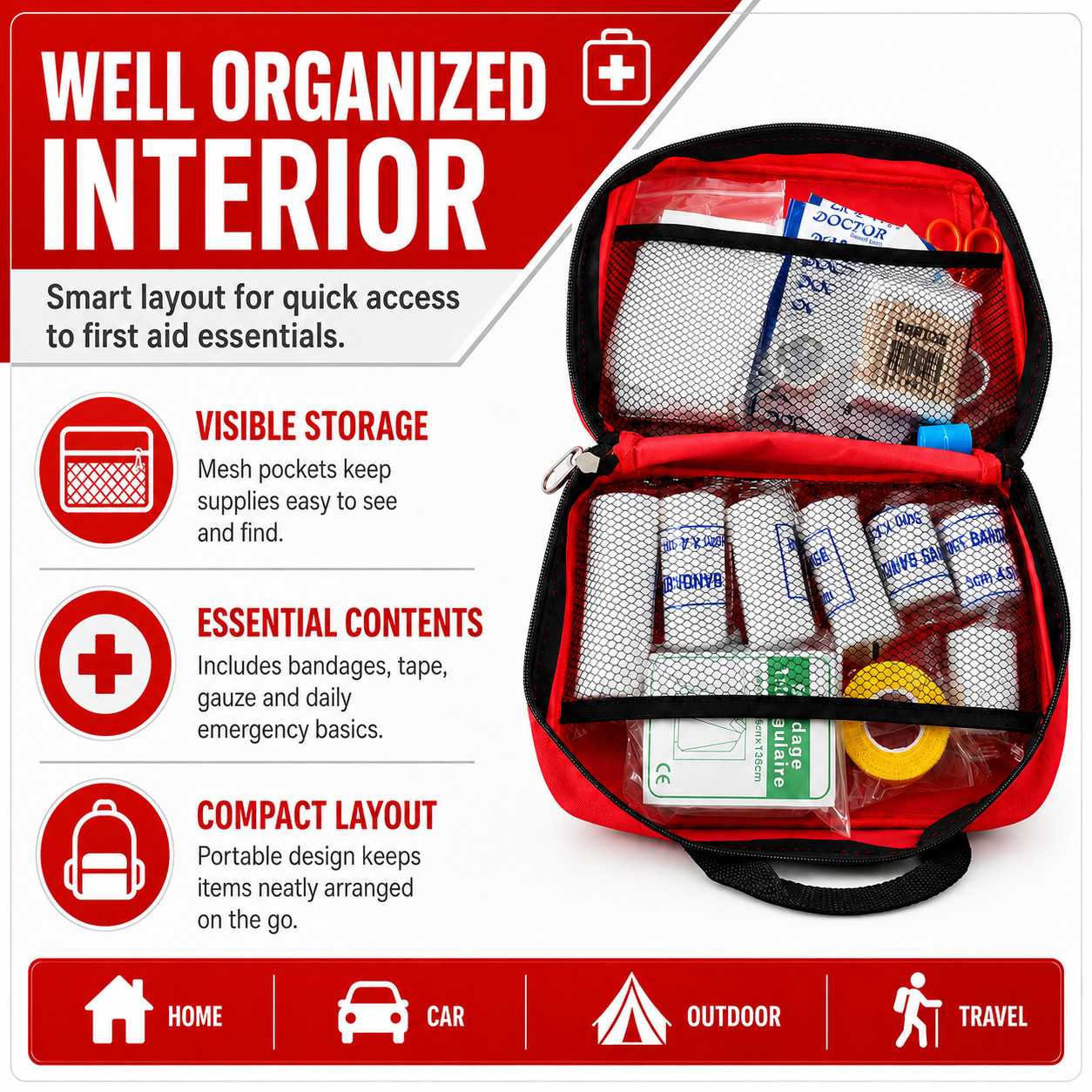 Complete First Aid Kit Emergency Medical Bag for Home Car Travel Camping Outdoor