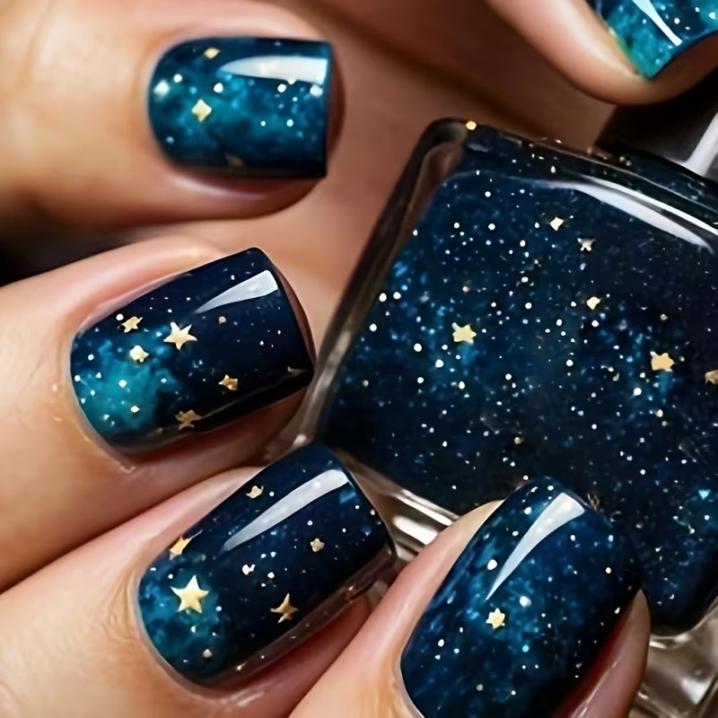 24pcs Square Press-On Nails, Medium, Blue Galaxy Starry Sky, Events, Everyday