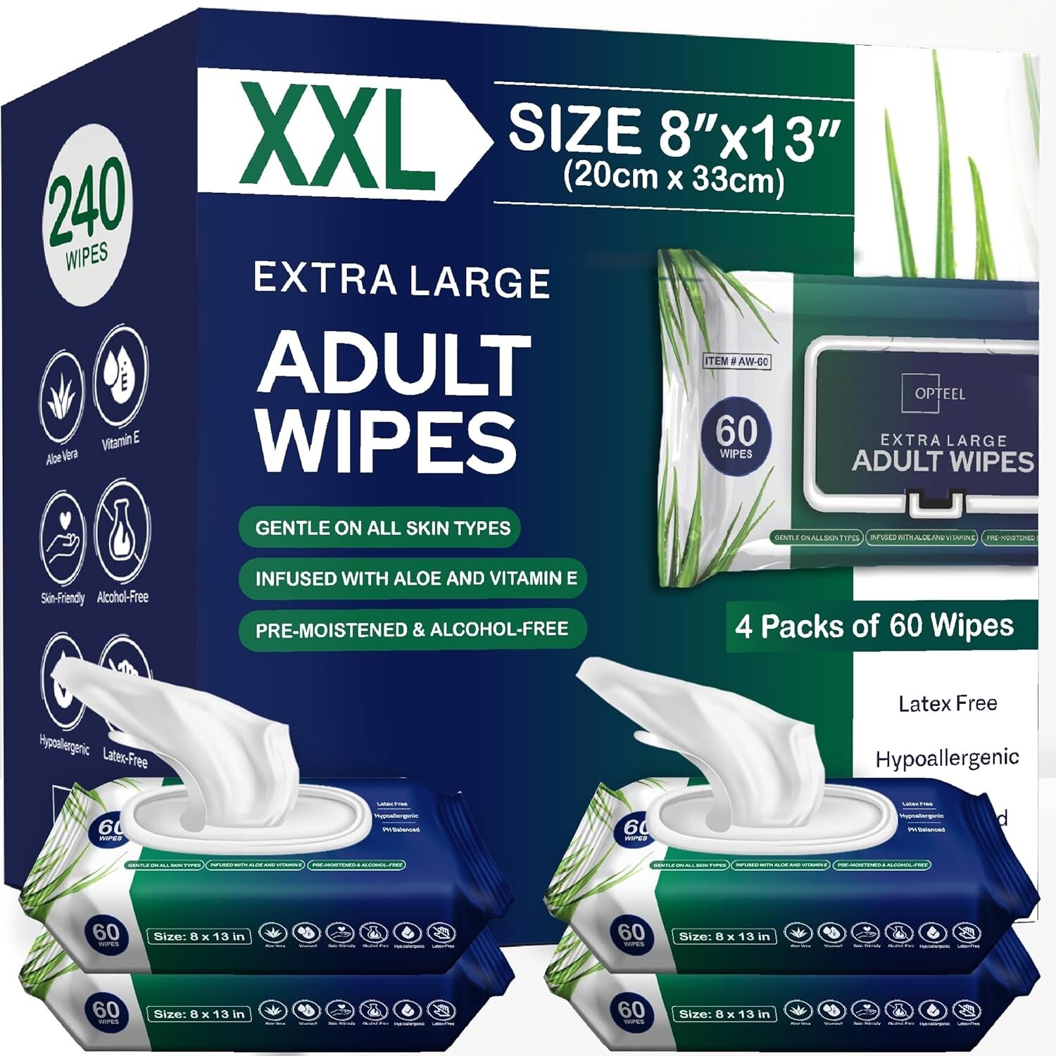 Adult Wipes For Elderly – 8″x13″ 240ct (4 Packs of 6) Huge & Soft Body Wipes