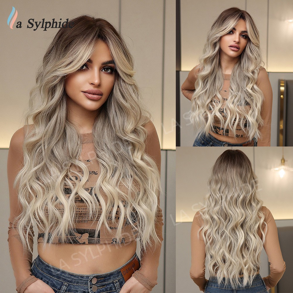 Golden Brown Ombre Gray Long Curly Wig with Curtain Bangs Heat Resistant Rose