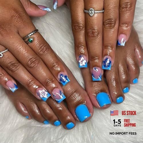 48 Pcs Blue French Press on Nails Short Square & Press on Toenails Design I4