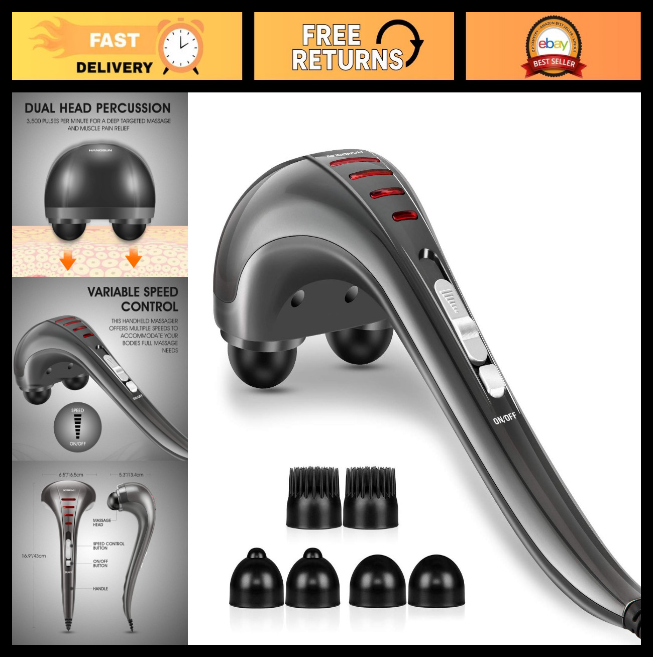 Electric Handheld Neck & Back Massager for Pain Relief, Deep Tissue Percussion,