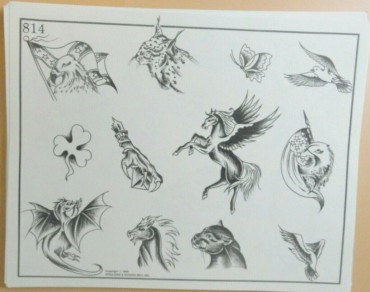 Vintage 1986 RARE Spaulding & Rogers Tattoo Flash Sheet #814 Pegasus Dragon