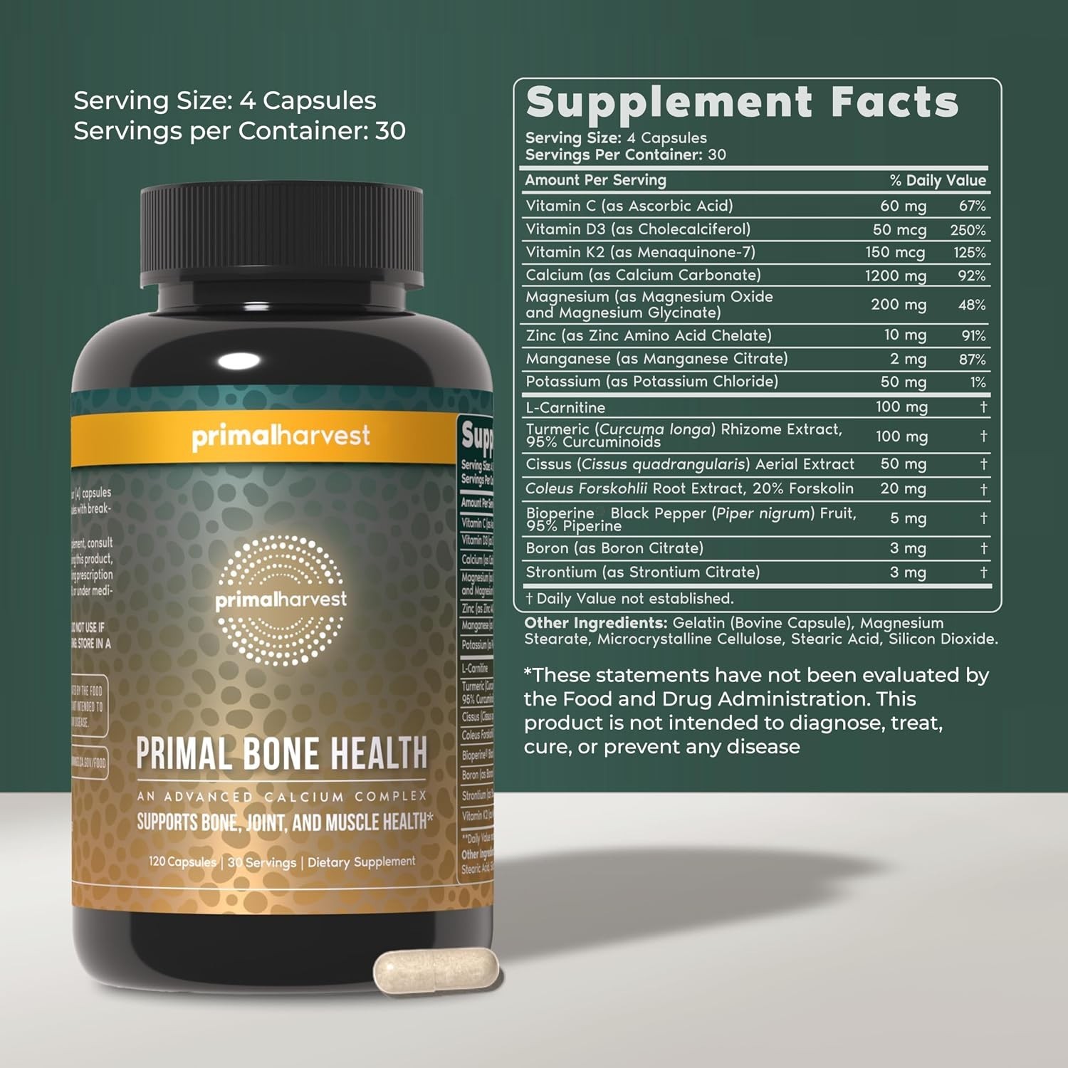 Bone Strength Supplement with Magnesium, Zinc & Turmeric – 120 Capsules –