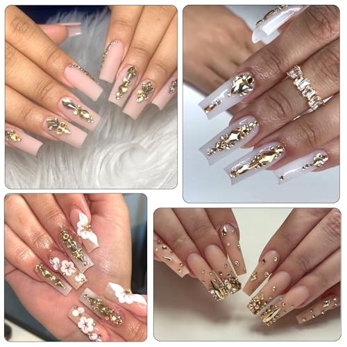 Nail Rhinestones – 3D Multiple Shape Size Gems, Champagne Gold, Manicure