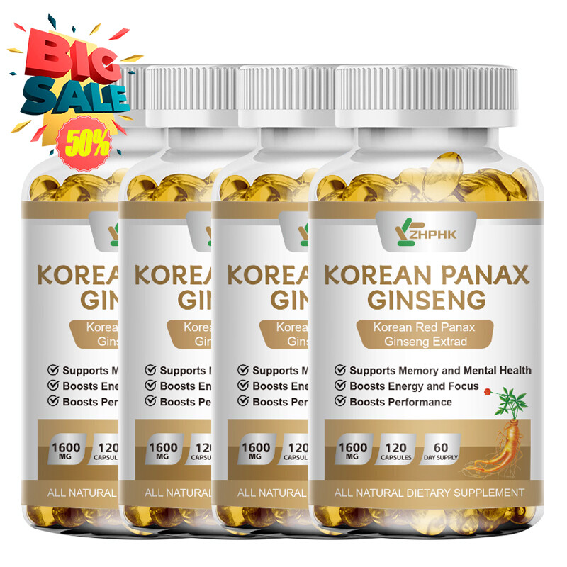 Organic Extra Strength Red Korean Panax Ginseng Capsules,1600mg Energy Focus