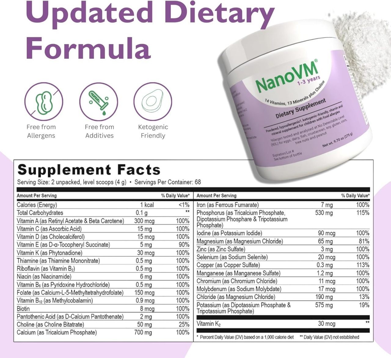 NanoVM 1-3 Years Allergen-Free Multivitamin for Kids Unflavored Dietary Suppl…