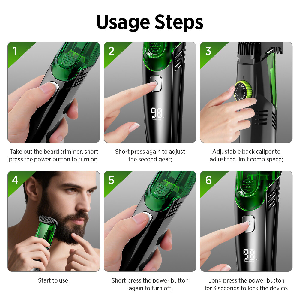 Rechargeable Vacuum Beard Trimmer for Men, Adjustable Length, Waterproof Shavers