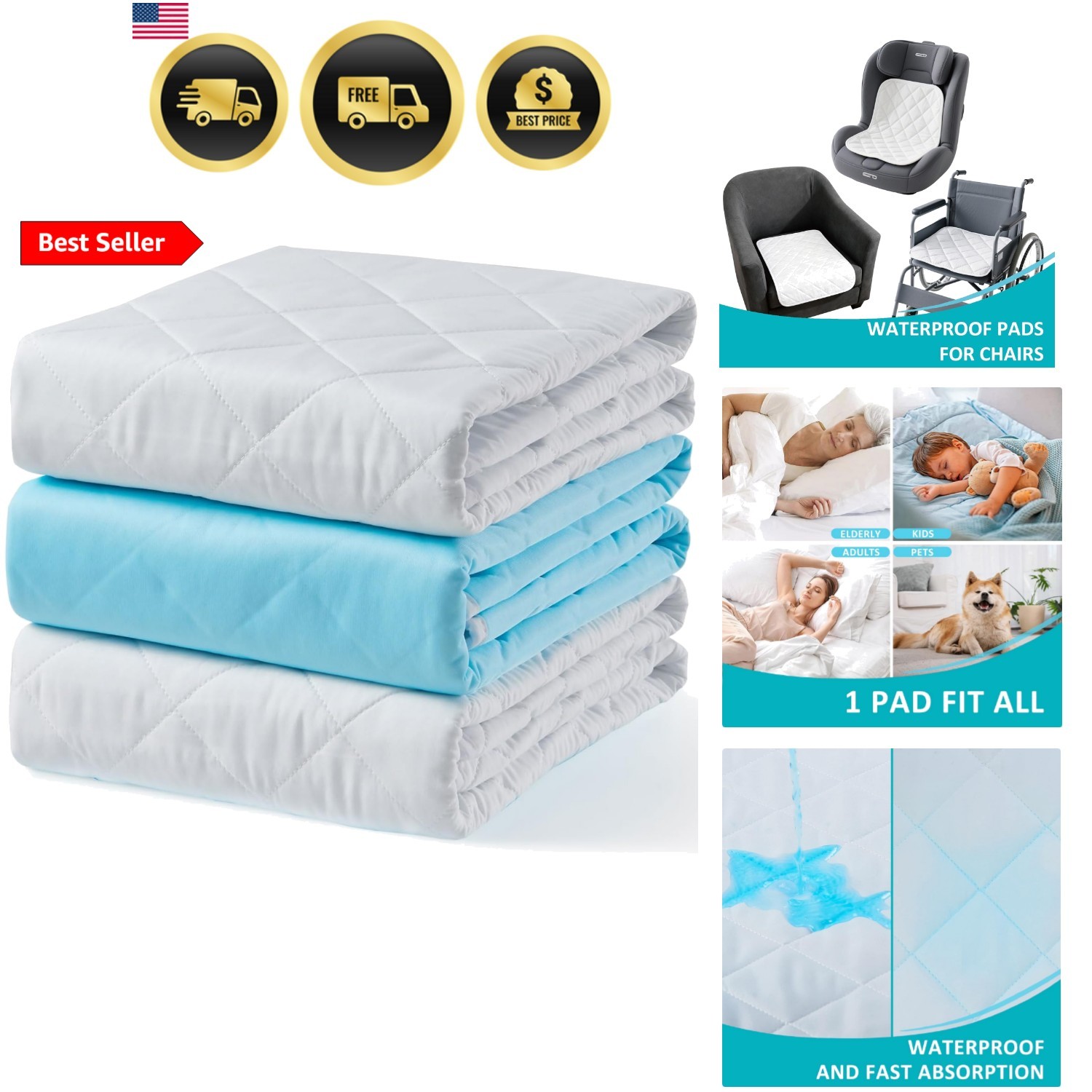 Washable Waterproof Underpads 18″x24″ 3 Pack – Reusable Incontinence Bed Pads…
