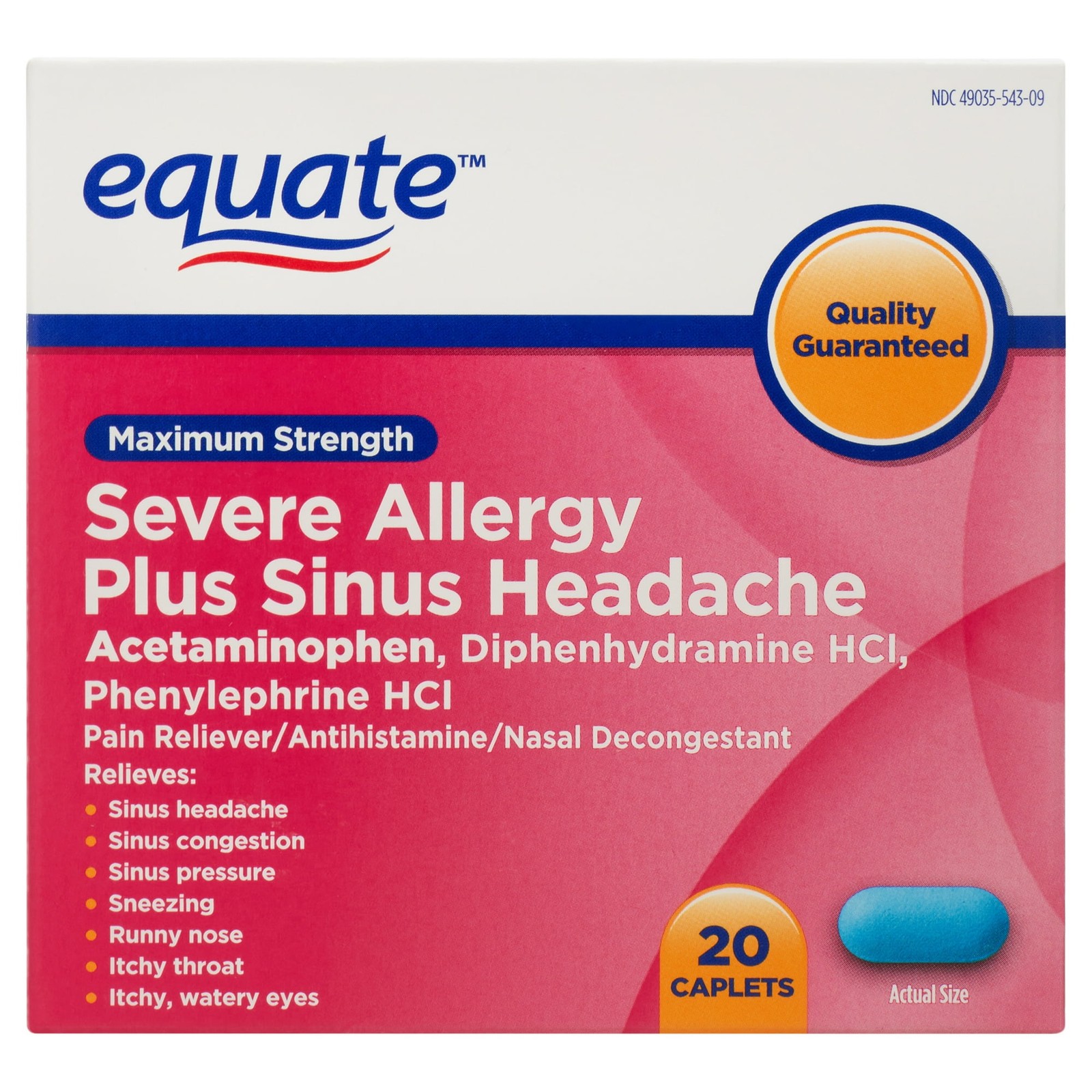 2 Pack Equate Maximum Strength Severe Allergy Plus Sinus Headache Caplets, 20 Ct