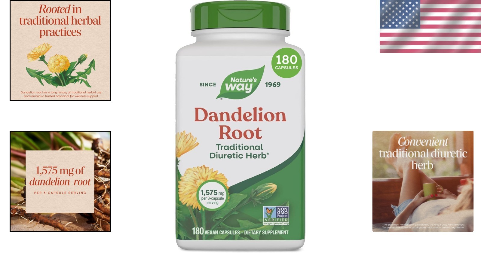 Dandelion Root Capsules – 1,575mg per Serving, 100 Count – & Non-GMO