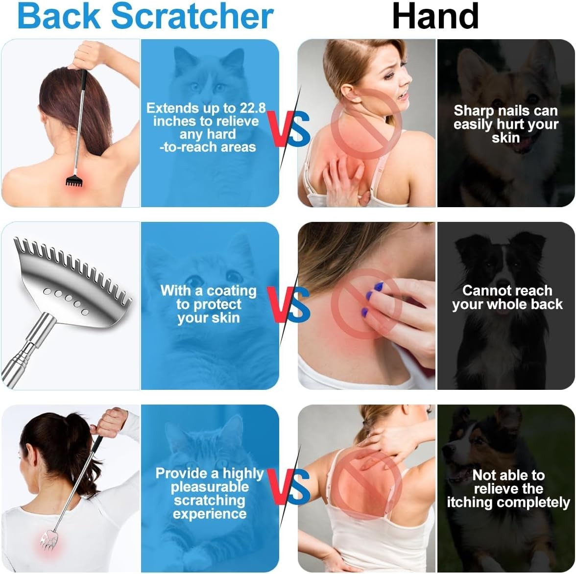Yeipis 4Pcs Different Back Scratcher Extendable Back Massager Tool with Rubber H