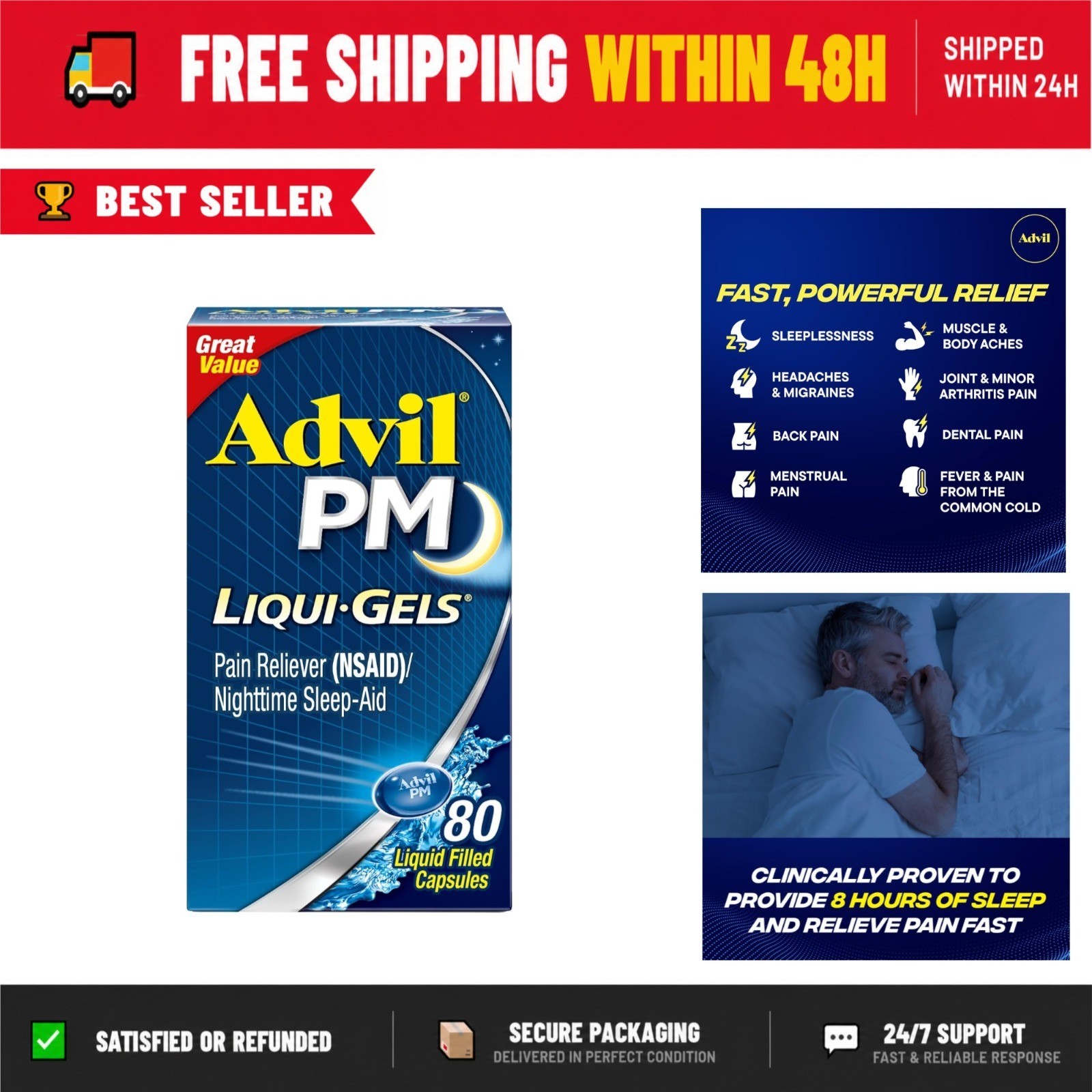 Advil PM Liqui-Gels Pain Reliever Sleep Aid – 80 Capsules