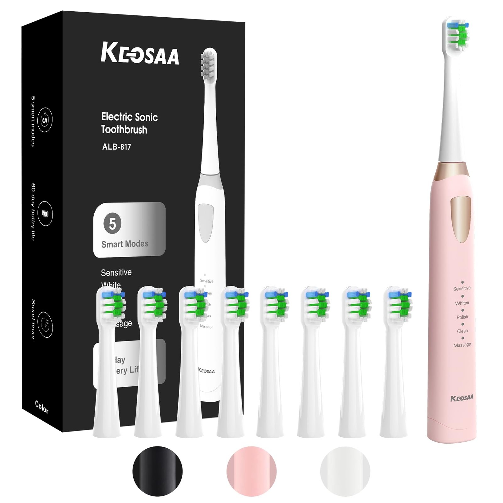 keosaa Sonic Toothbrush with 8 Brush Heads, 1 Count (Pack of 1), 817-pink