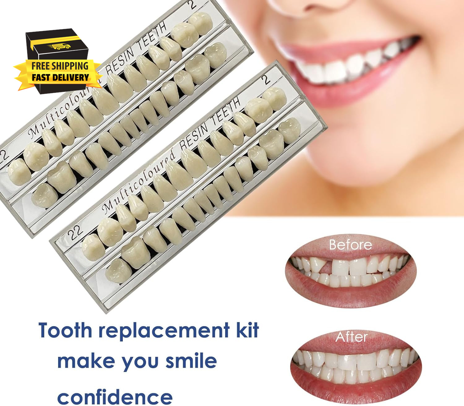 56 Pcs False Teeth Fake Teeth 2 Sets Synthetic Resin Dental Tooth, Upper Lower D