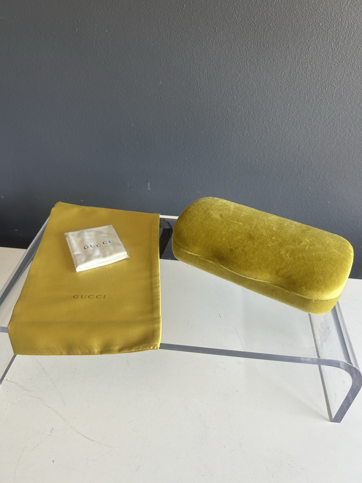 Gucci Yellow / Mustard Velvet Velour Hard Shell Eyeglasses Case, Cloth & Pouch