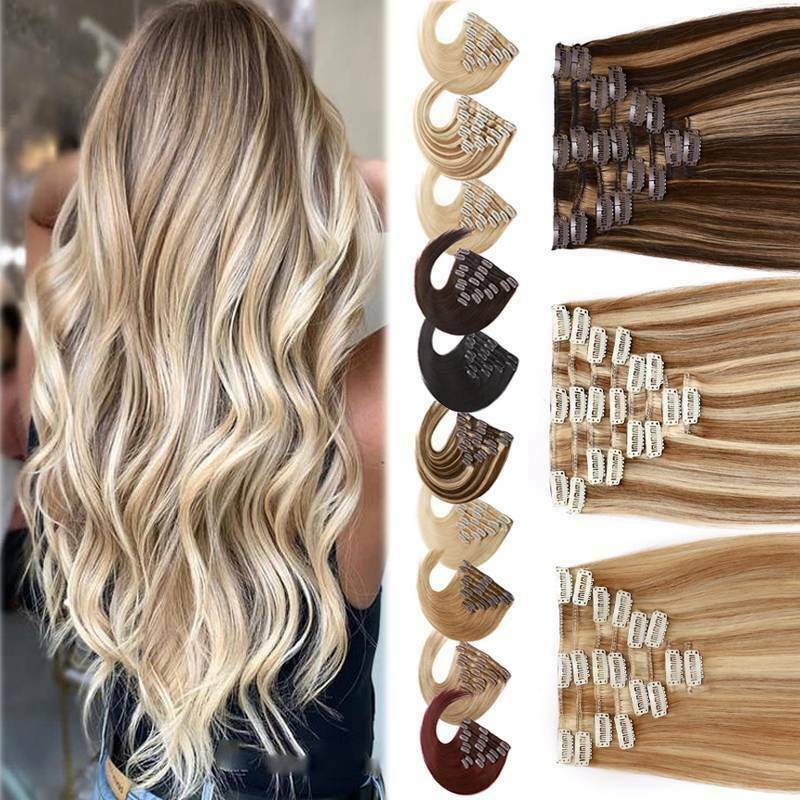 100% Human Hair Extensions Clip In Real Remy Hair Full Head Thick 8Pieces120gram