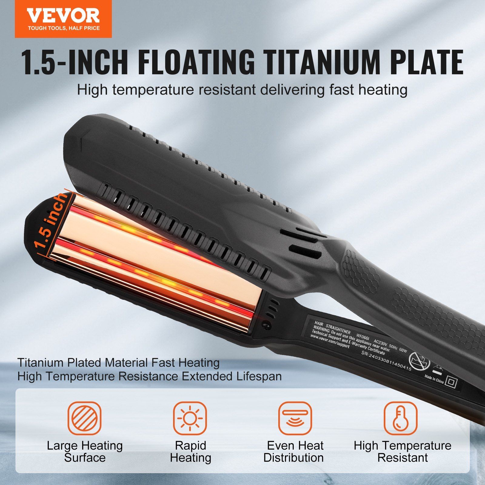 1.5-inch Titanium Flat Iron with LCD 19 Temp Levels 210°F-450°F Dual Voltage