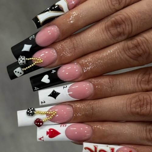Pink & Black Poker Theme Long Square Press on Nails with Black & White Dice