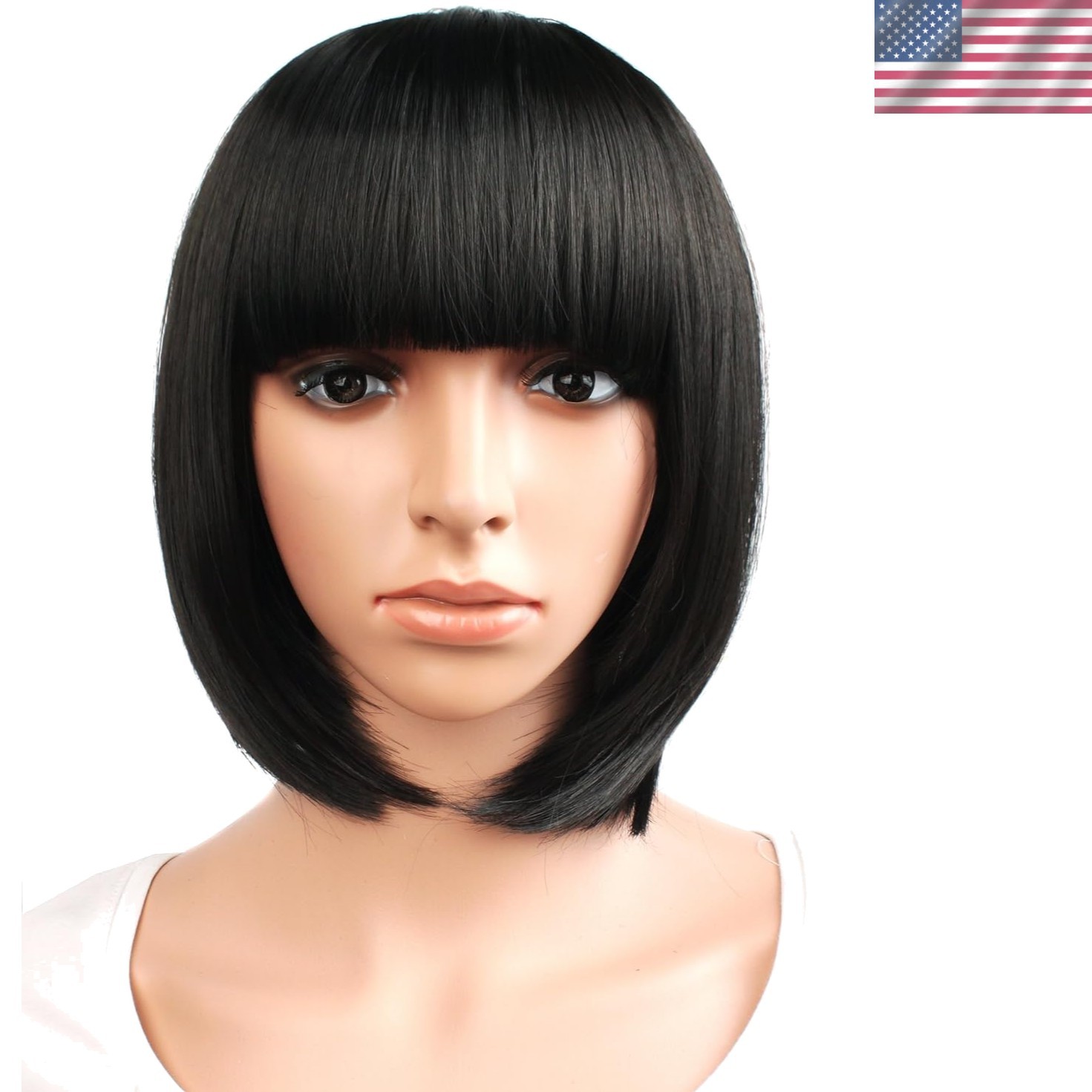 Ladies 12″ / 30cm Black Flat Bangs Wig with Adjustable Cap – Chic and Versatile