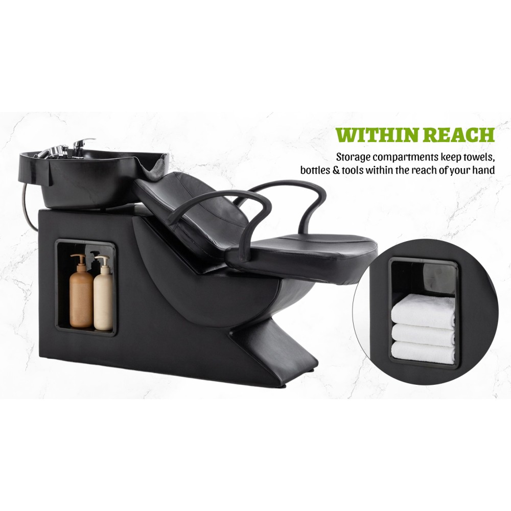 Salon Shampoo Bowl and Chair Set ABS Sink PU Leather Black