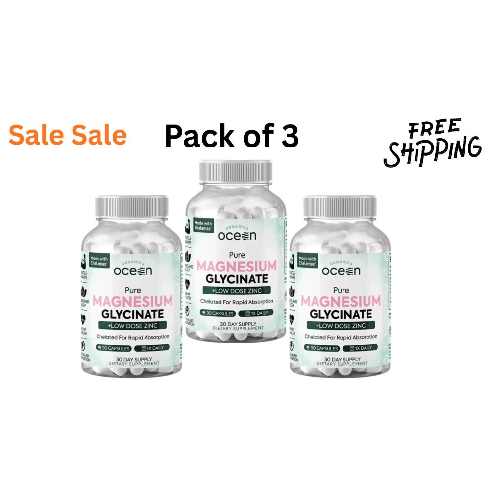 3 Pack Organic Ocean Pure Chelated Magnesium Glycinate with Zinc, Supplement